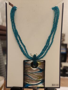 Croft & Barrow Teal Beaded Necklace with Metallic Rectangular Pendant